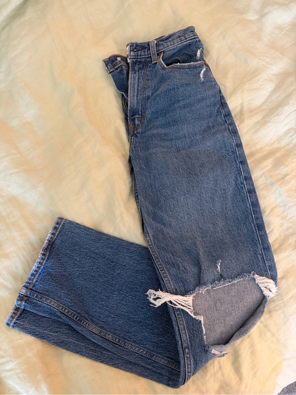 Abercrombie & Fitch Medium Blue Straight Leg Jeans with Distressed Knee